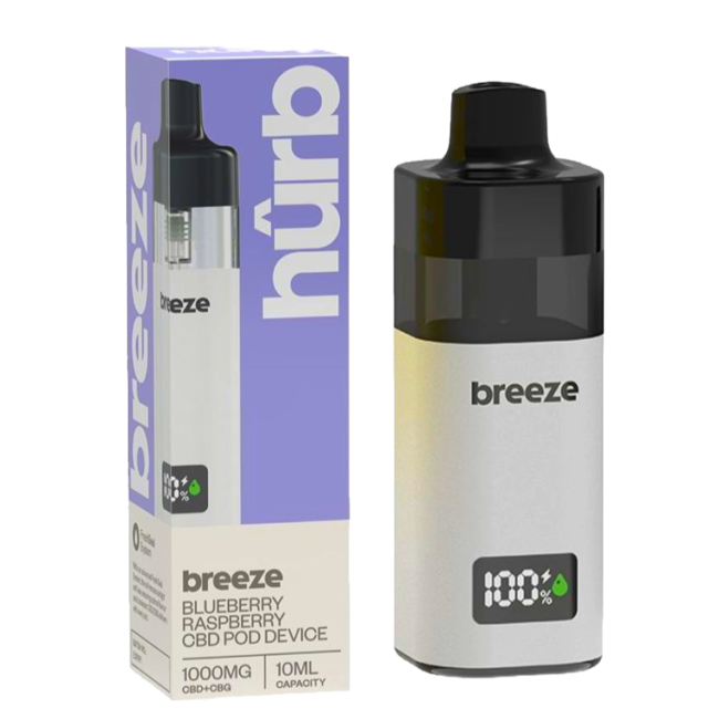 Hurb Breeze CBD + CBG Pod Kit 1000mg Blueberry Raspberry flavor, 10ml vape device in purple and black packaging