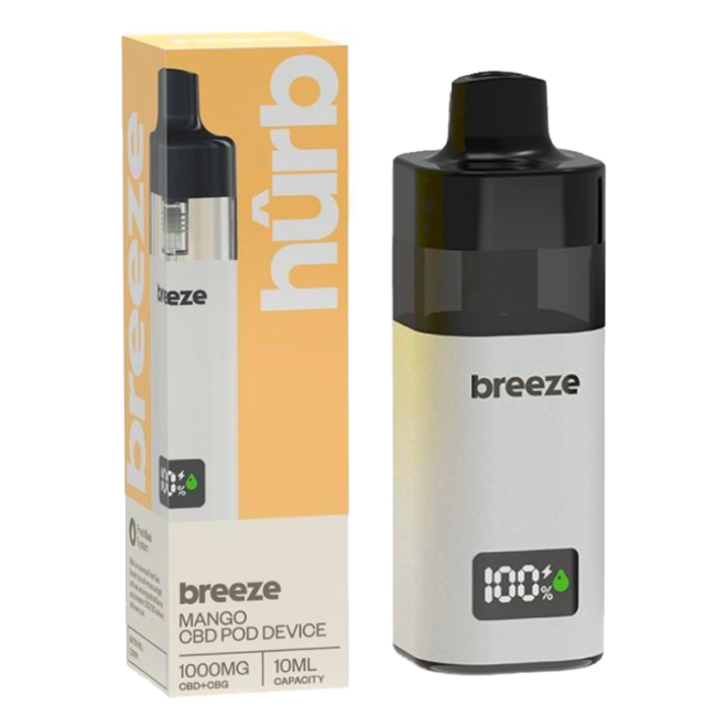 Hurb Breeze CBD + CBG Pod Kit 1000mg Mango flavor, 10ml vape device in Yellow and black packaging