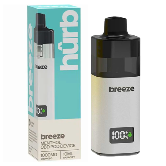 Hurb Breeze CBD + CBG Pod Kit 1000mg – Menthol flavor, 10ml vape device in teal and balck packaging