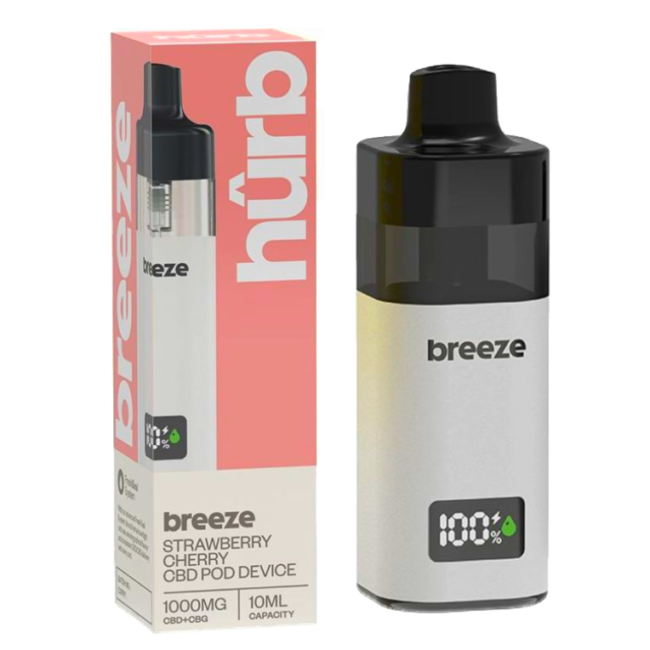 Hurb Breeze Pod Kit with 1000mg CBD and CBG, 10ml disposable vape in Strawberry Cherry flavor, featuring stylish red and black design.